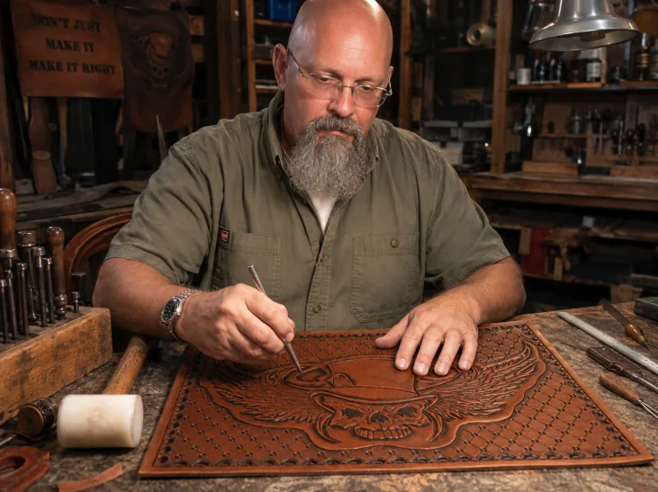 Allen at his workbench, glasses on, tooling the winged-skull leather panel with a stamp and maul, surrounded by stamping tools, a mallet, and shop shelves